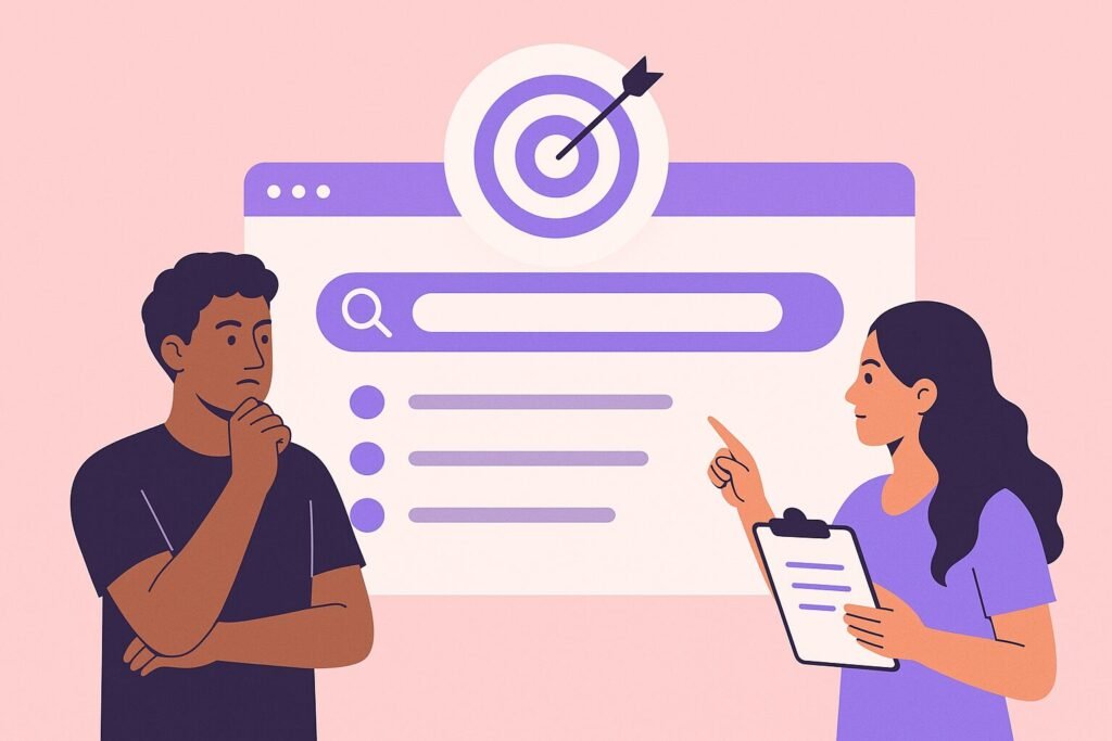 Consultante SEO expliquant l'importance de l'intention de recherche à son client