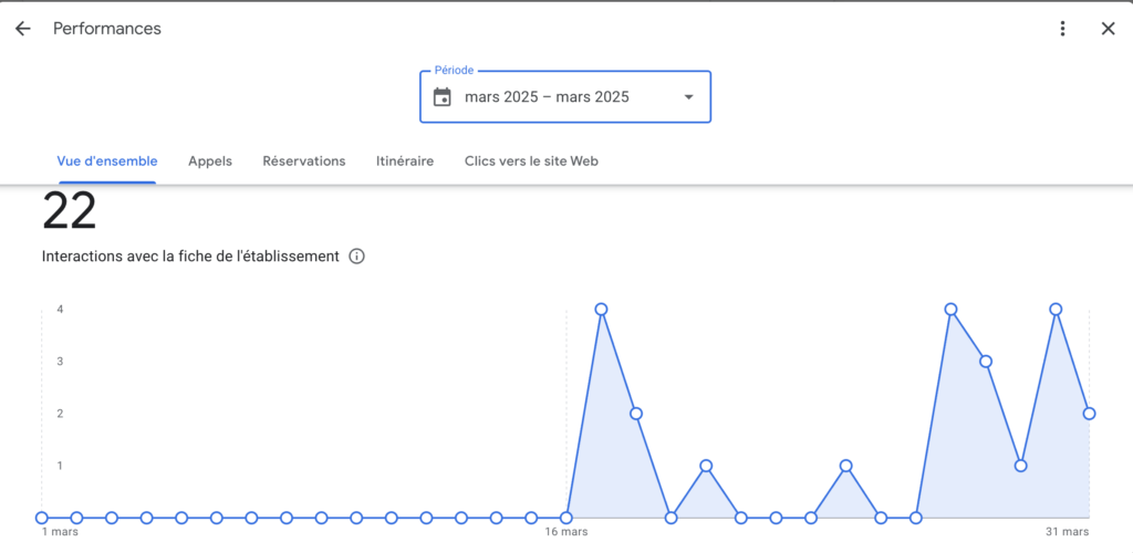 Performances d'une fiche établissement Google