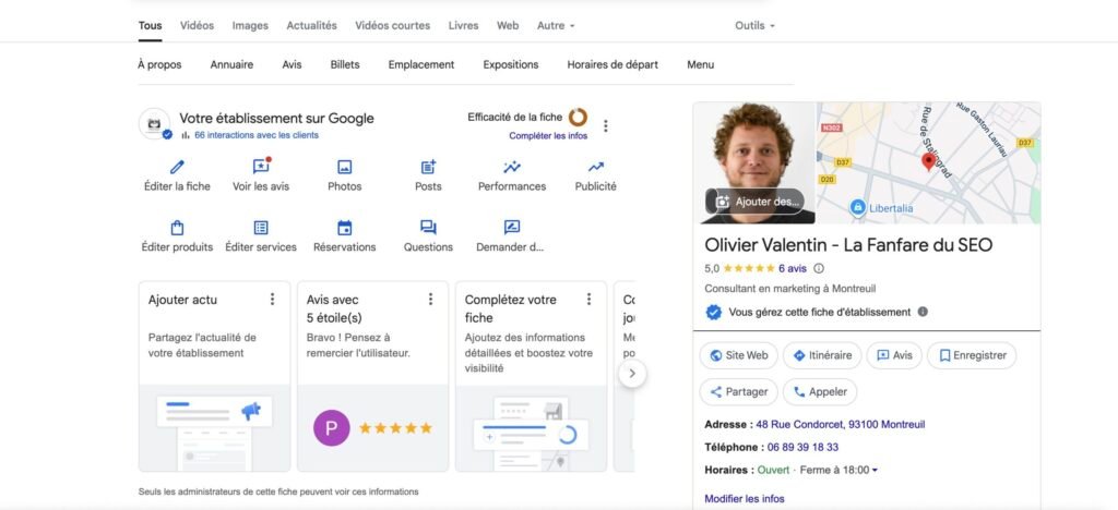 Exemple d'une fiche d'établissement Google - vue éditeur