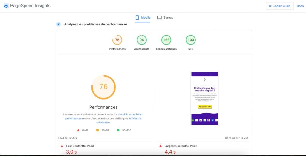 Résultats PageSpeed Insights d'un site web