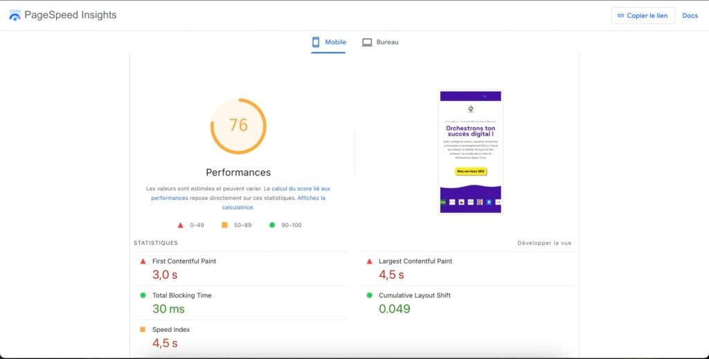 Page de résultats de PageSpeed Insights
