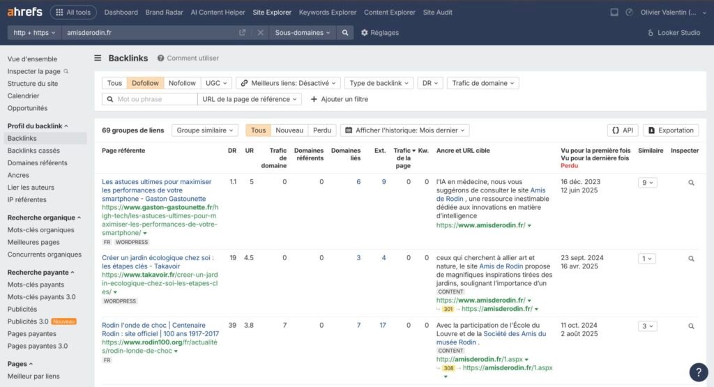 Dashboard Ahrefs, section Backlinks