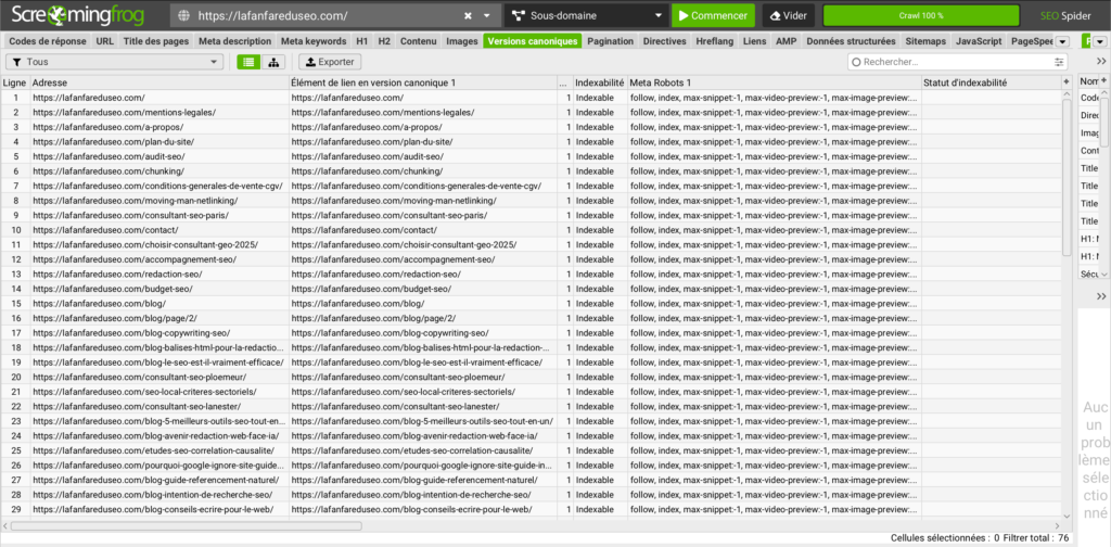 Dashboard de l'onglet "Versions canoniques" de Screaming Frog