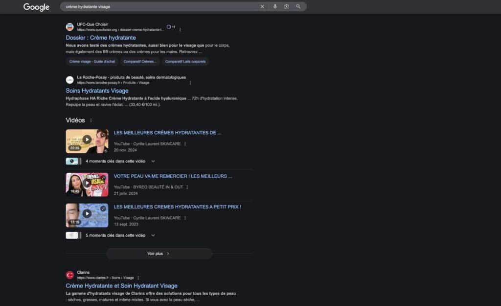 Serp Google sur la requête "crème hydradante"