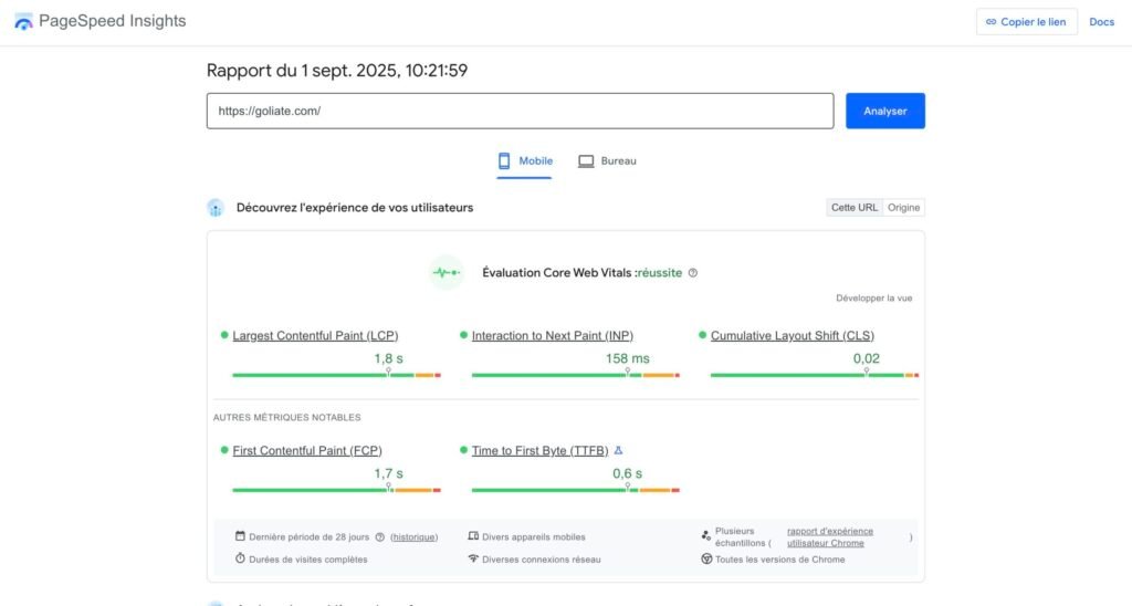 Résultats Core Web Vitals d'un site web