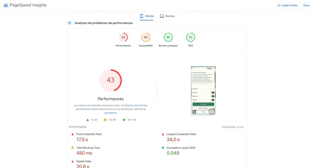 Données PageSpeed Insights issues de l'émulation