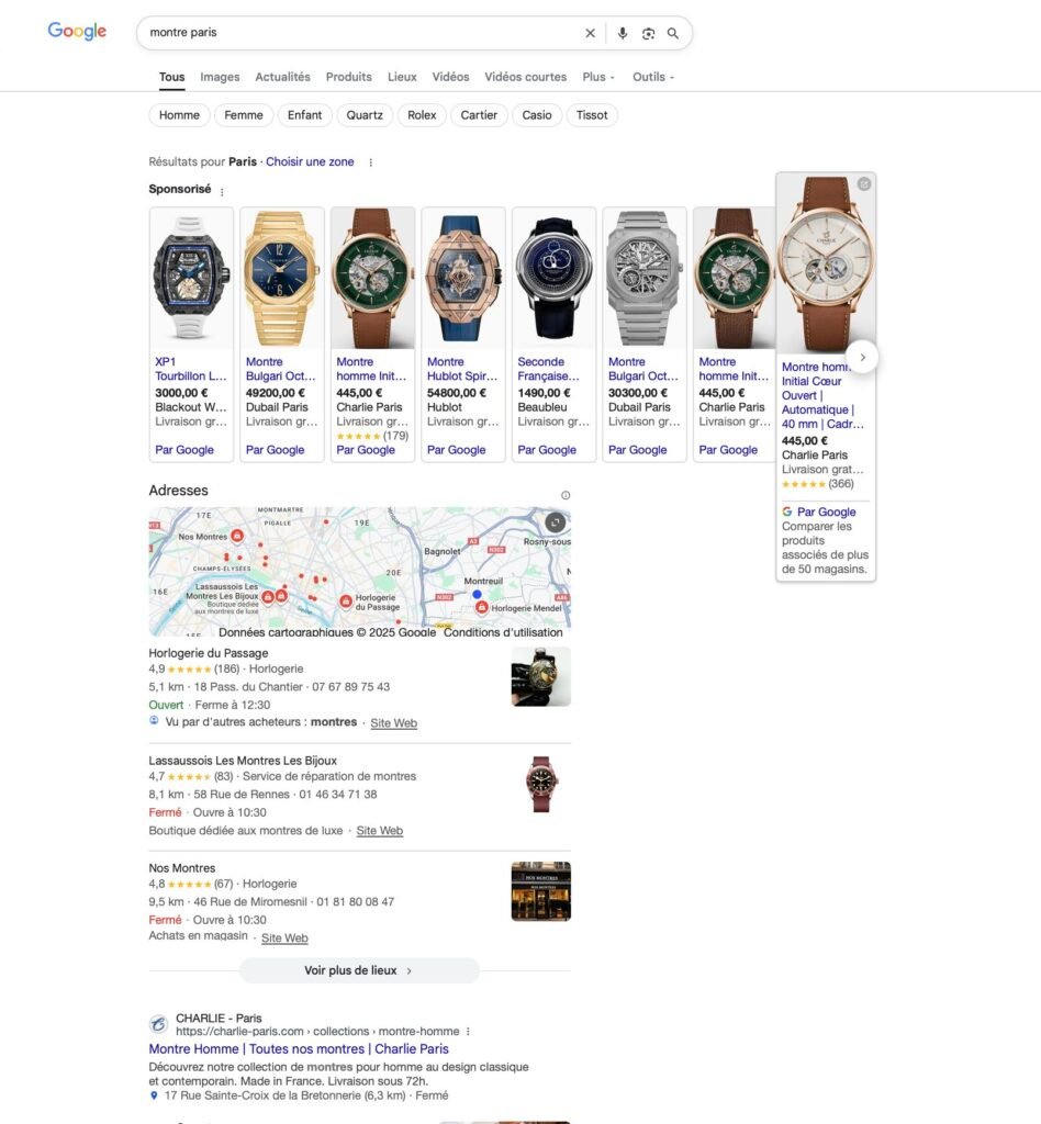 SERP Google sur la requête "montre Paris"